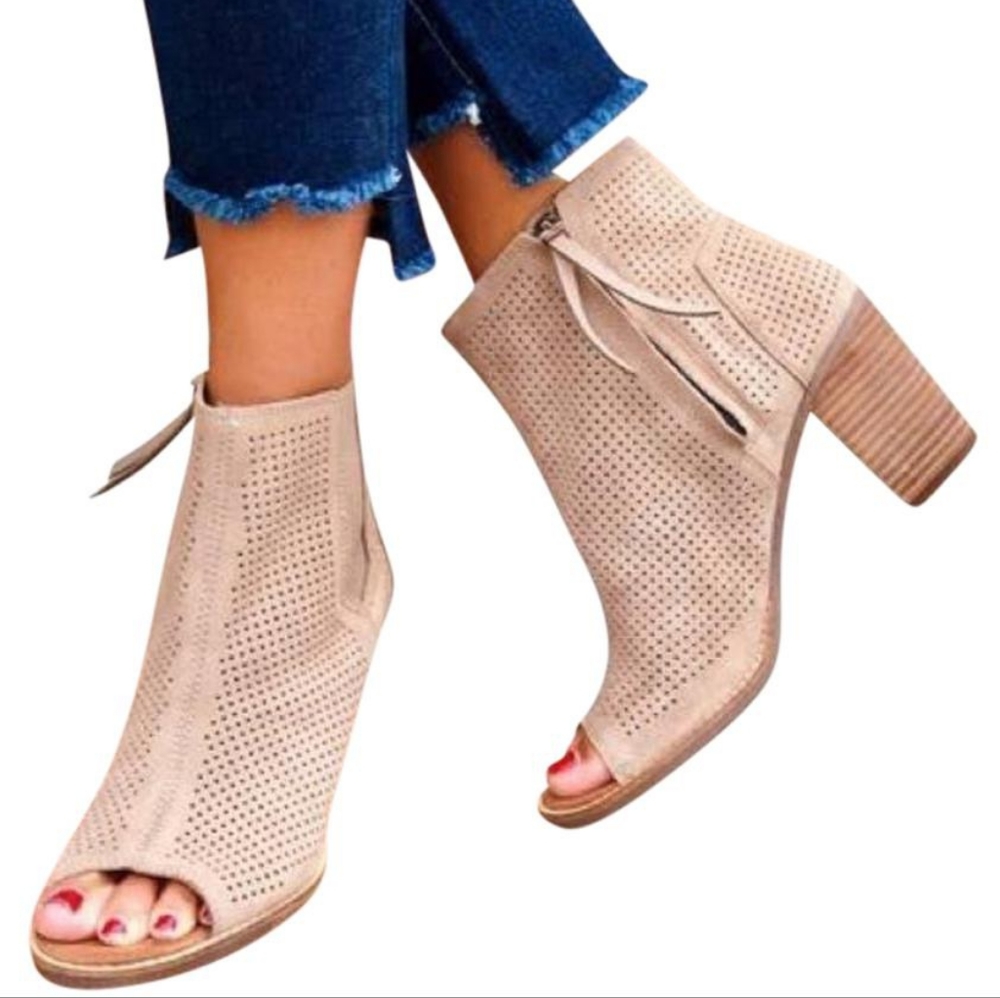 TOMS Desert Taupe Suede Perforated  Majorca  Peep Toe Ankle Booties